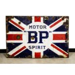 A large Motor 'BP' Spirit enamel sign, by The Falkirk Iron Co Ltd, with central name on Union flag
