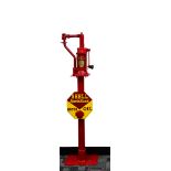 A vintage Baelz oil pump for Shell, the hand pump with Shell decal to the front with plaque to