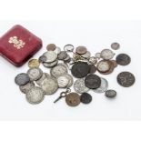A small collection of coins and related, includng an 1813 Birmingham one penny copper token, some