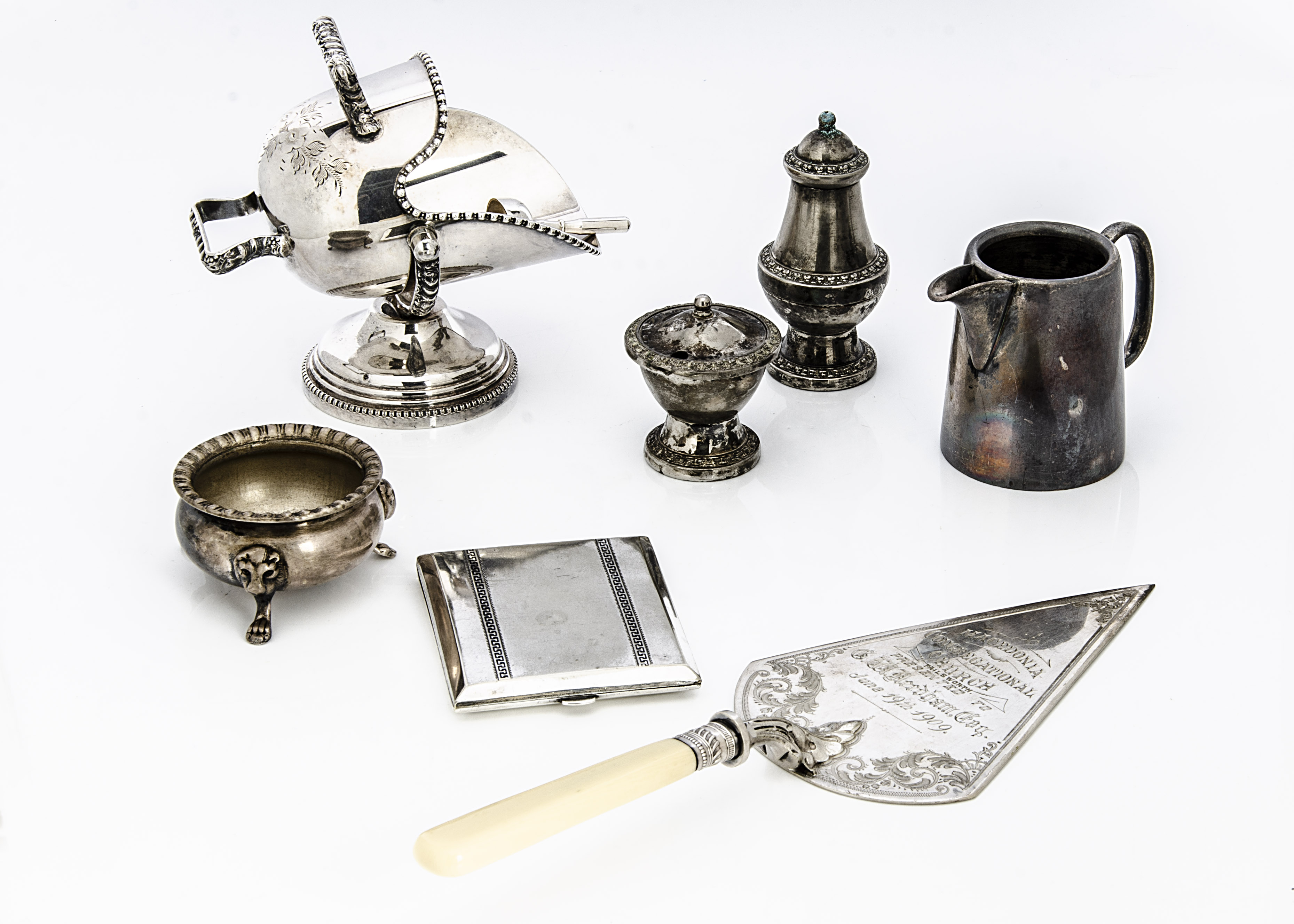 A large collection of silver plated items, in two boxes, including a presentation trowel, a tankard,