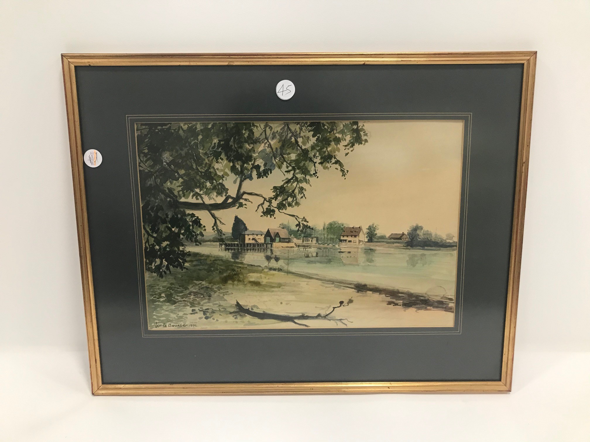 Michel Le Bourlier 20th century watercolour, river scene, titled "Dell Quay", 30cm by 45cm, framed - Image 2 of 3