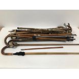 A collection of walking stick and canes, including a walking stick with removeable shaft to reveal