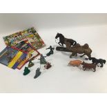 A collection of plastic figures, from Britains and other makers, also animal and other items