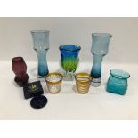 A c1960s Murano glass vase, 19cm, together with a Dartington small green vase, a pair of blue