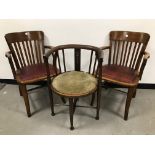 A pair of Art Deco period chairs with red vinyl seats, together with an Edwardian period corner