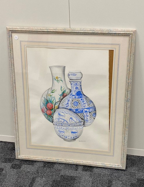 Mandy Belmokhtar 20th century gouache on paper painting, 68cm by 54cm, two Chinese porcelain vases