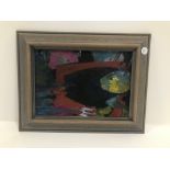 Kimm Stevens 20th century oil or acrylic on board, "Red Bridge", 24cm by 34.5cm, framed, label to