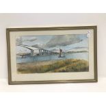 R. Atkinson 20th century watercolour, bridge over estuary, signed, 28cm by 53cm, framed and glazed