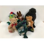 A group of vintage and modern soft toys and teddy bears, including a Basil Brush with pull string