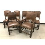 Six dining chairs, a set of six with carved features and a carver with matching vinyl upholstery