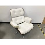 A c1980s Lounge armchair after Charles & Ray Eames, in white vinyl, which is in poor condition, five