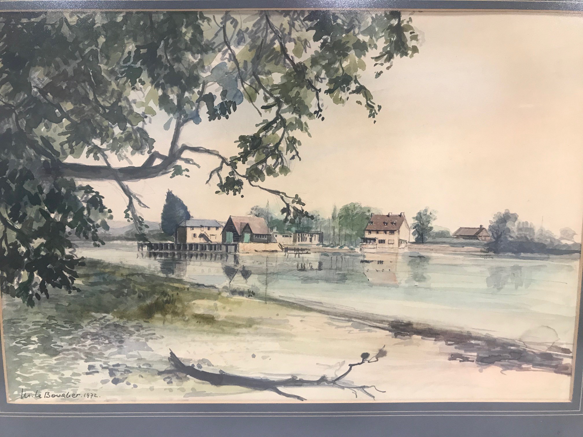 Michel Le Bourlier 20th century watercolour, river scene, titled "Dell Quay", 30cm by 45cm, framed