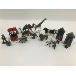 A collection of Britains and other lead and metal figures and other items, with animals, civilian
