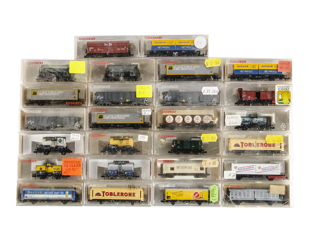 N Gauge Fleischmann Continental Goods Wagons, a cased group including container trucks, tank wagons,