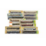 Compagnie Des Wagons Lit N Gauge Coaches, mainly cased, coaches in blue livery Arnold 3908, Lima for