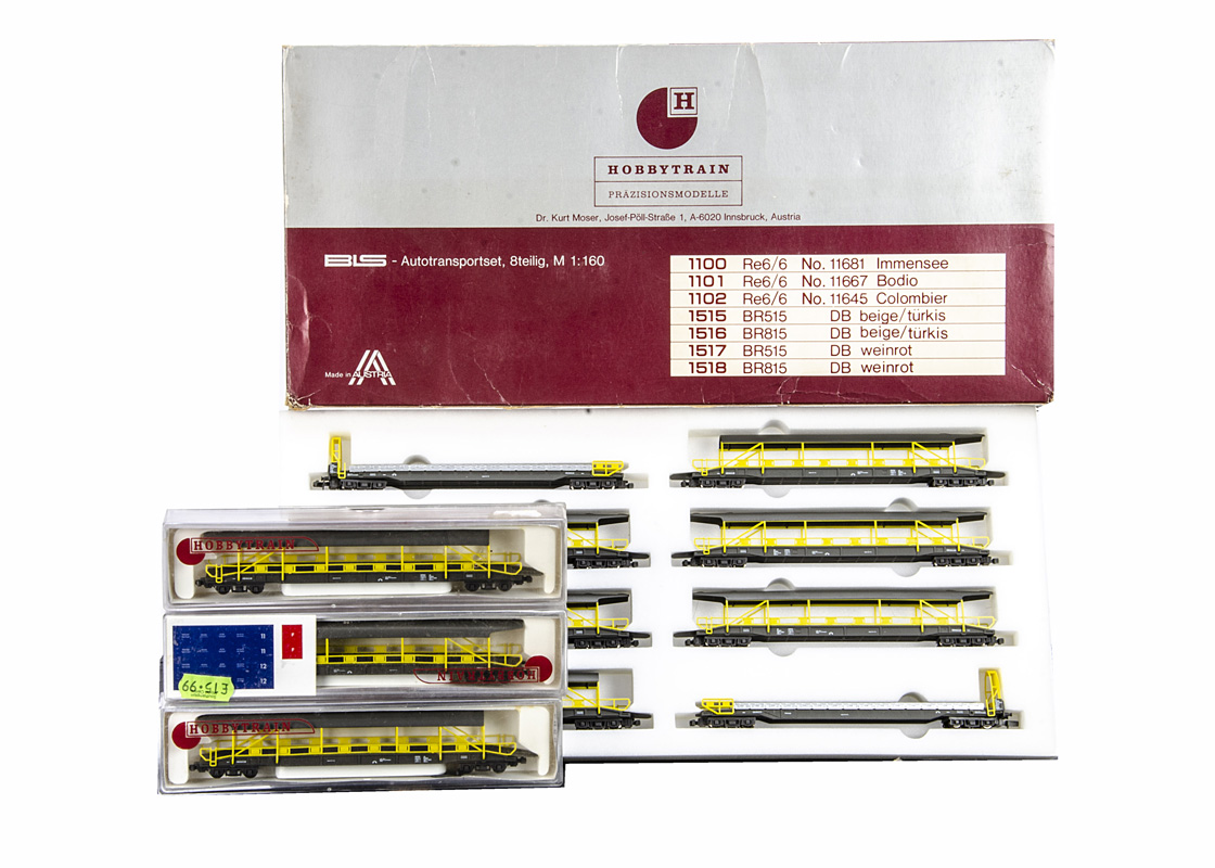 N Gauge Hobbytrain Swiss Freight Car Set, a boxed eight car set in BLS grey and yellow livery (