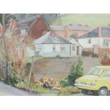 Winifred Francis, watercolour and gouache, Parked car in the town, signed lower right, framed and