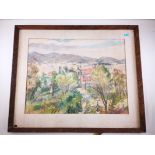 Anne Harcourt (1917 - 1985), pastel on paper, town overview with mountains in the distance. Possibly