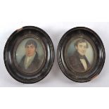An oval watercolour miniature portrait of Disraeli, executed on card, with ebonised wooden surround,