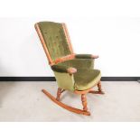 Oak framed rocking chair, with buttoned back green upholstery, 68cm W x 90cm D x 100cm H