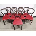 Set of nine painted balloon back chairs, raised on sabre supports, with dark pink upholstered seats.