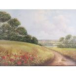 Mary Shaw oil on canvas landscape, of a British countryside scene with a path and poppies to the