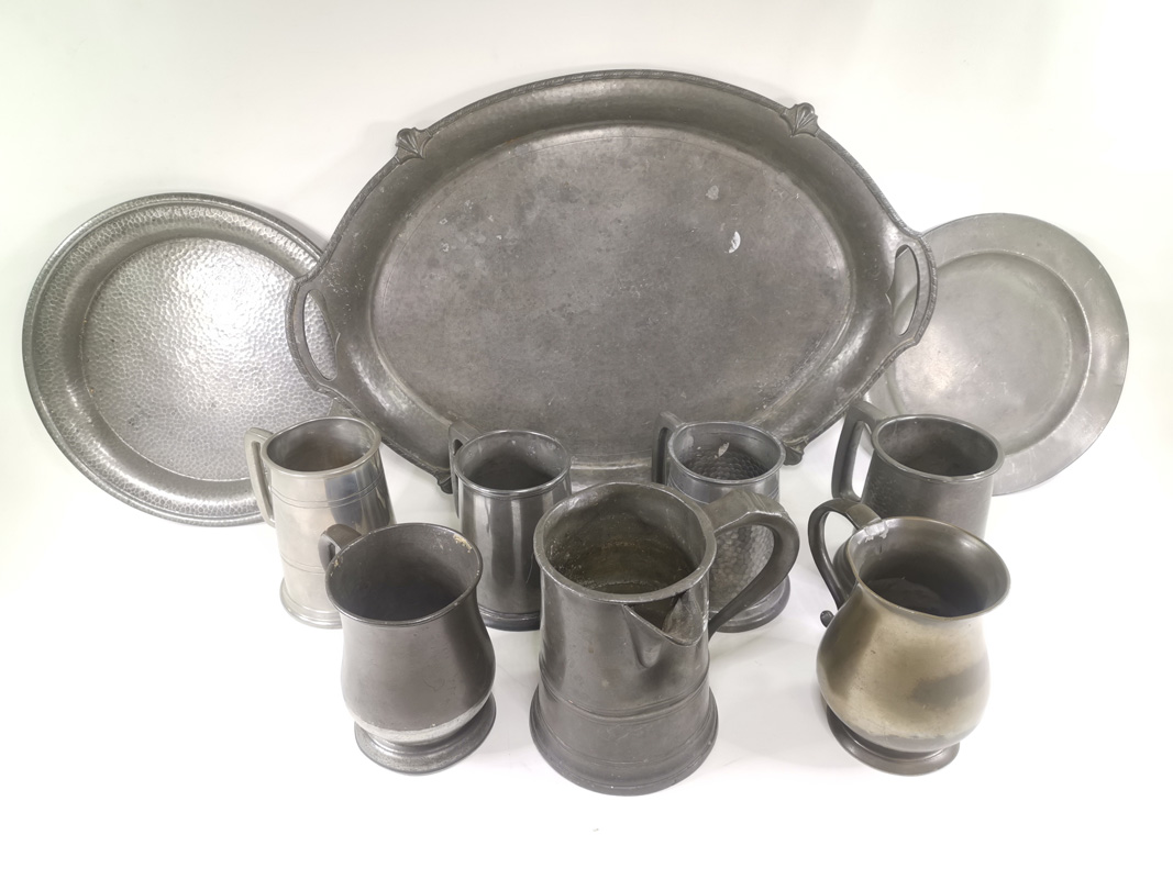 Victorian pewter quart measure, together with a quantity of pewter tankards and serving dishes, - Image 3 of 6