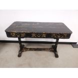 19th Century Japanned sofa table, with painted scenes to the surface and foliate decoration to the