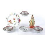Three 18th Century Newhall porcelain tea bowls and saucers after Chinese export wares, each with