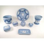 A small assortment of Wedgwood jasperware, to include a cache pot with relief moulded decoration
