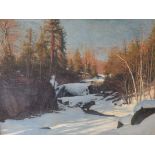 Sigvard Hansen (1859-1938) oil on canvas, woodland snowscape with dappled sunlight. Signed and dated