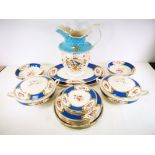 A Myott Pottery of Staffordshire dinner service with floral motifs by 'L Baillibotte', with a blue