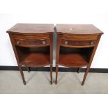 A pair of mahogany bow fronted side tables, With single draw and open storage area, also featuring