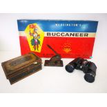 An assortment of collectables, including wooden clogs, desk address stamp, Waddingtons Buccaneer,