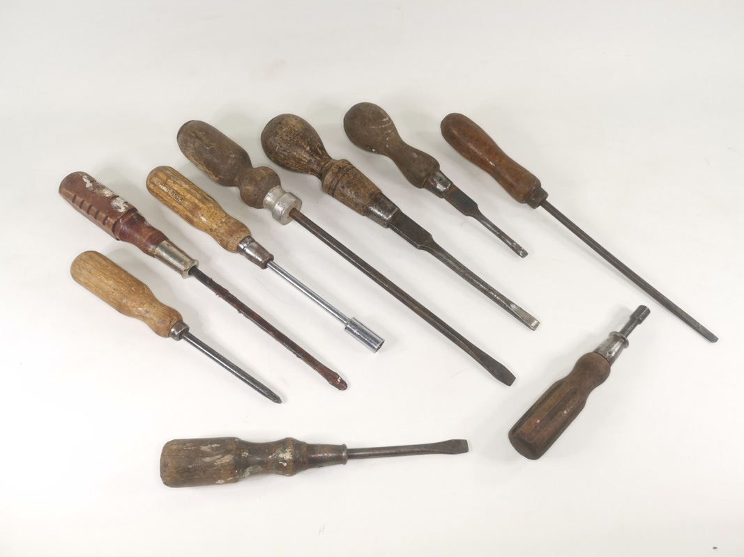 A selection of 20th Century woodworking hand tools, a mixture of different sized screwdrivers,