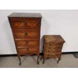 Marble topped marquetry narrow secretaire, with drop down central front disguised as two drawers,