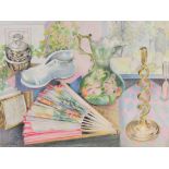 Winifred Francis, pencil and crayon, Desk still life of various objects, signed lower left, unframed