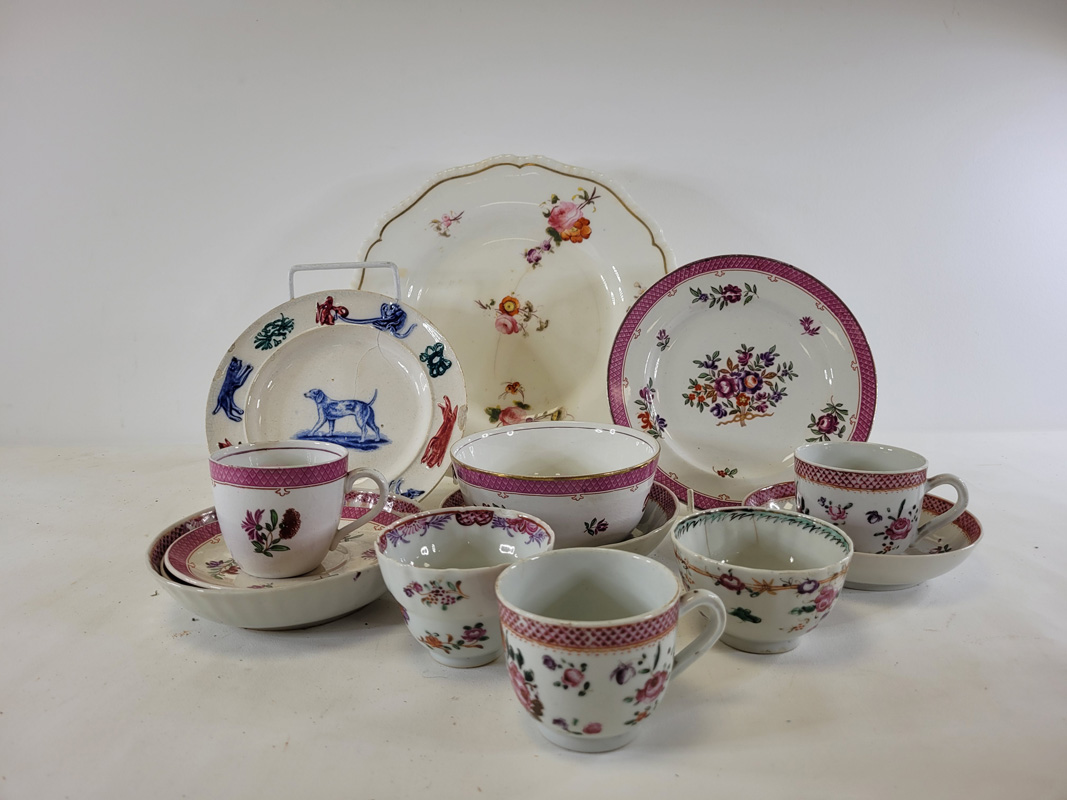 An assortment of polychrome enamelled porcelain in the manner of Newhall after the Chinese, to