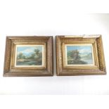 A pair of oils on panel signed R.M, both of rural countryside river scenes, one with fisherman in