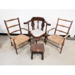 Mahogany corner chair, having pierced splats and turned spindles with upholstered seat, together