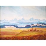 Unsigned oil on canvas, of a Swiss Alpine landscape with fields to the foreground and mountains in