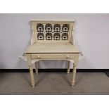 Painted side table or wash stand, With art nouveau style painted tiles. 103cm W x 49cm D x 122cm H