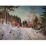 Harald Julius Niels Pryn (Danish, 1891-1968) oil on canvas, Fridalskov' woodland snow covered track.