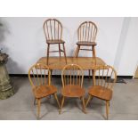 Mid century Ercol style table, Together with two pairs of Ercol chairs plus a similar chair (5