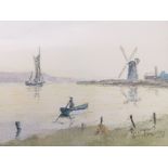 George Murrey, watercolour on paper, of a coastal scene with windmill in the distance,