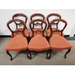 Set of six mahogany balloon back dining chairs, With diamond pattern upholstery on a dark pink