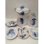 A group of late Victorian aesthetic movement French pottery tableware with blue and white designs of