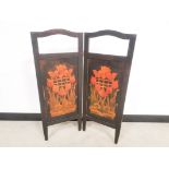 Painted wooden two part folding screen, with floral painted panelling, 70cm W x 91cm H (when fully