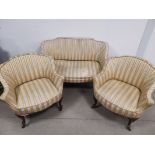 19th Century two seater settee, With striped gold coloured floral patterned upholstery, together