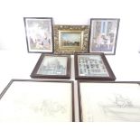 Two framed prints of Winnie the Pooh sketches, together with various prints including Venetian